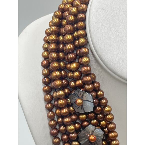 MultiStrand  Chocolate Pearls‎ Brown Copper-colored pearls Pearl Bib necklace - Picture 3 of 14